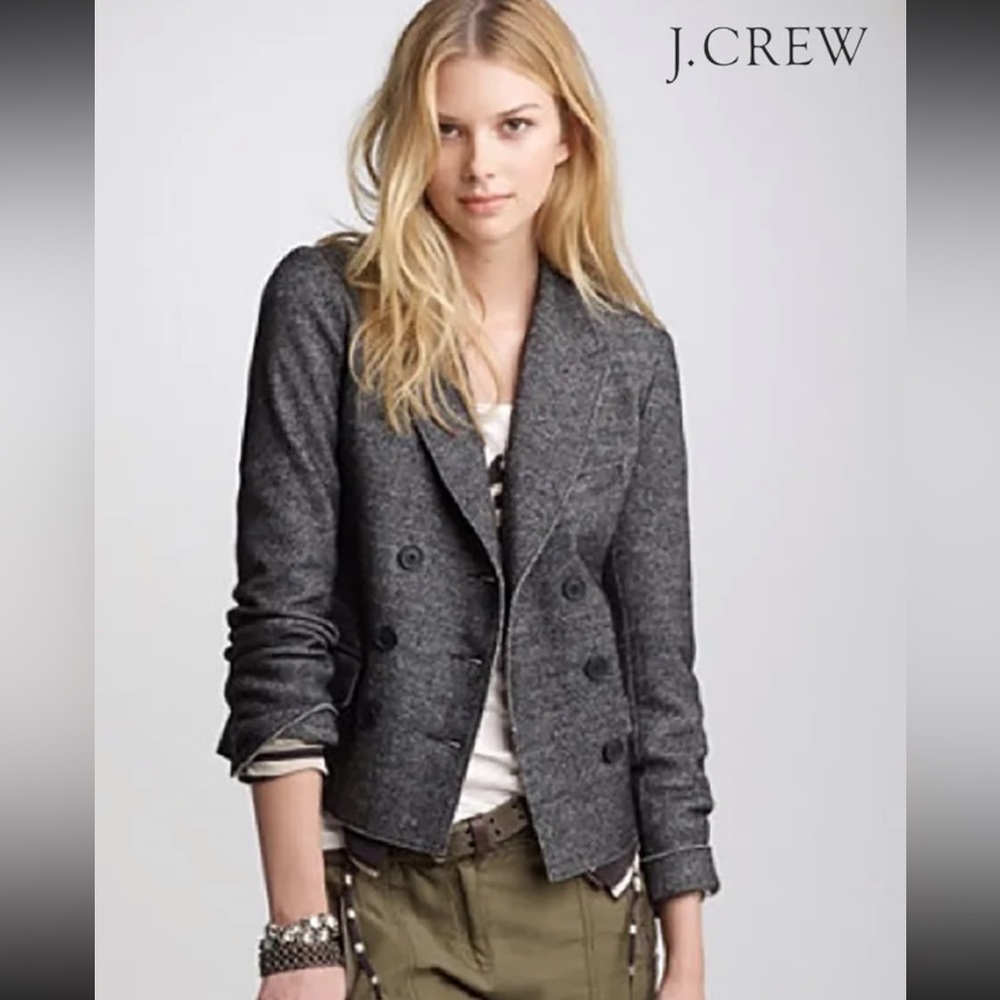 J Crew Grey Marled Thandie Double Breasted Cotton‎ Wool Blazer Jacket